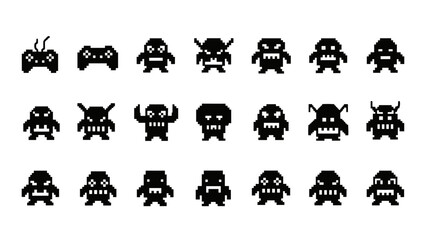 A set of black video game controller and monster icons in a flat design style