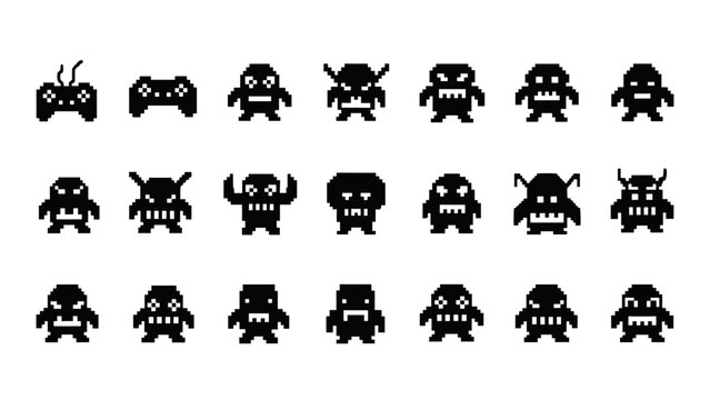 A set of black video game controller and monster icons in a flat design style