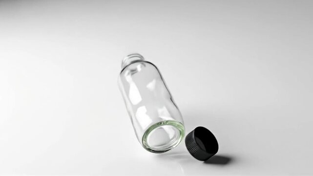 Clear Glass Bottle with Black Cap on White Background.
