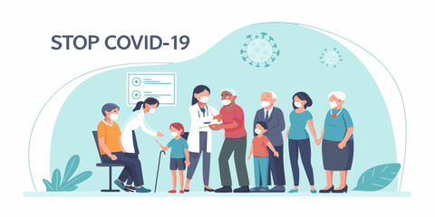 Covid 19 vaccination process depicted with people waiting in line for their shot