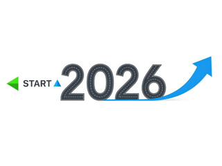 Abstract road path forming year 2026 with blue arrow pointing up to represent future travel and business growth direction for upcoming new calendar