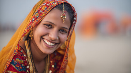 Magh Mela, Young Indian woman smiling in traditional attire during Magh Mela religious celebration