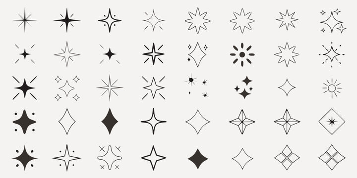 Collection of delicate black star and sparkle shaped design elements