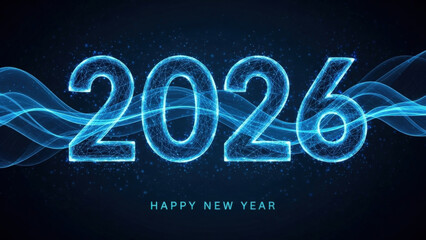 Abstract glowing blue neon lines forming numbers 2026 with happy new year text on dark starry background for celebratory holiday digital wallpaper