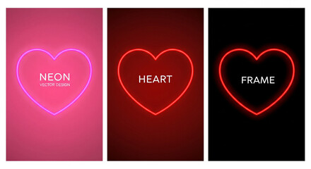 Set of neon light heart shape frame design on red, pink, black background. Elements valentine day festival design. Collection of geometric backdrop for product display in top view scene. Vector
