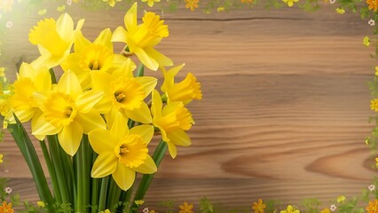 Obraz premium Bouquet of bright yellow daffodils on wooden background with green leaves and flowers