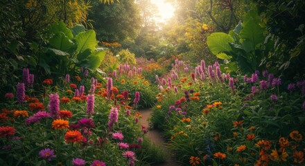 Obraz premium Sunlit Garden Path with Blooming Flowers