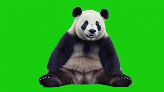 Giant Panda Sitting and Hiding Its Face with Paws on Green Screen Background