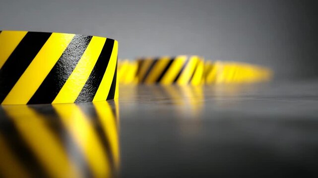 Yellow and Black Tape with Stripes on a Reflective Surface, Symbolizing Hazard
