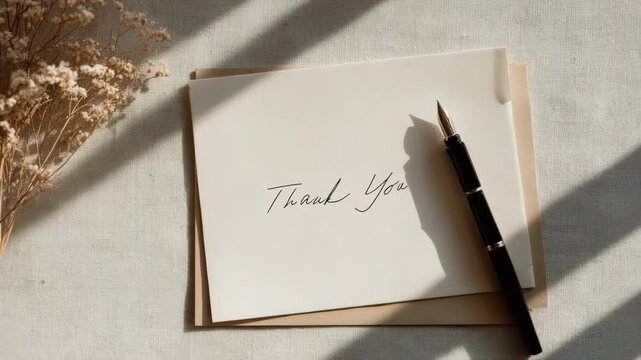 A delicate greeting card with handwritten Thank You message and a pen. It is placed on a textured surface with the gentle light casting shadows and highlighting the details