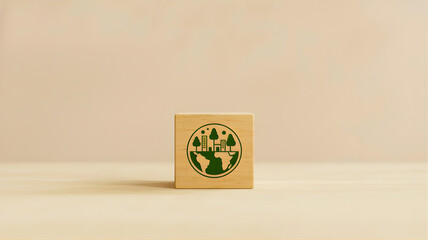 Minimalist wooden cube featuring a vibrant green Earth and tree icon, symbolizing environmental sustainability, conservation, and ecological responsibility against a clean, light background