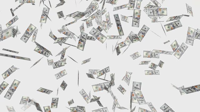 Money rain loop- Rain of banknotes animation on white background. Banknotes of the us american dollar are flying. Money flowing like a storm. Way to success concept- Money rains from the white sky.