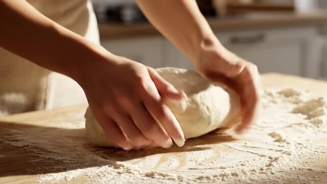 Woman Kneading Dough in Kitchen