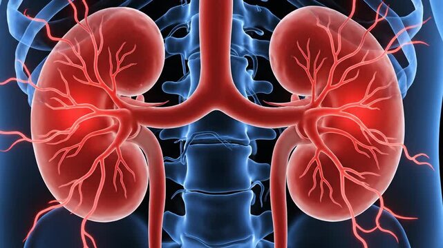 Medical illustration of human kidneys highlighting vascular structure