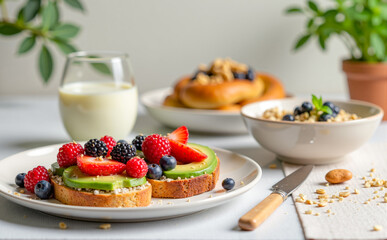 Healthy breakfast: sandwiches with avocado and berries, oatmeal, plant-based milk on a plate.