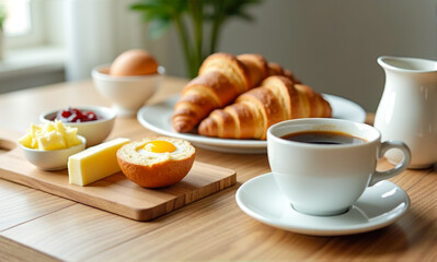 Minimal morning breakfast scene with fresh croissants, soft-boiled eggs and coffee. Natural light, clean table setting