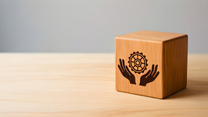 Innovative solutions and protective strategies a wooden cube engraved with hands safeguarding a gear, symbolizing robust support and mechanical progress