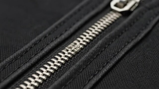 Close-up Macro Shot of a Metal Zipper on Black Fabric.
