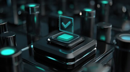 Digital Verification Concept with Glowing Cyan Checkmark Symbol Hovering Over Futuristic Electronic Component