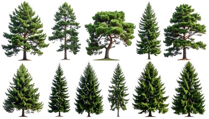 Collection of Diverse Evergreen Trees Isolated on White Background.