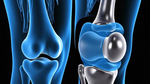 Medical illustration of human knee joint showing anatomy and articulation