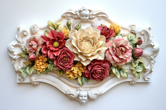 Ornate molded plaster relief panel showcases a detailed arrangement of colorful sculpted flowers within a baroque frame