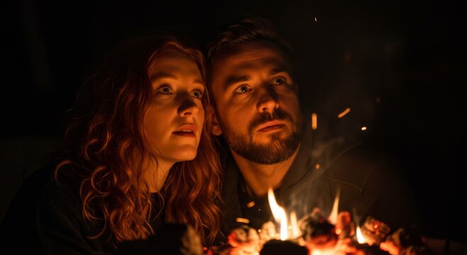 Romantic Couple Gazing at Campfire at Night