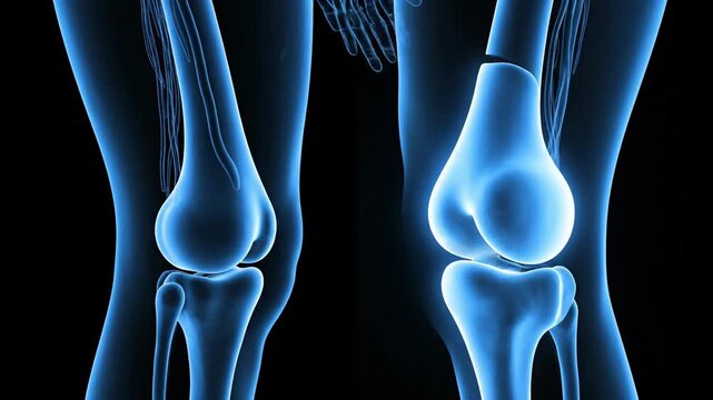 Medical illustration of human knee joint showing skeletal structure