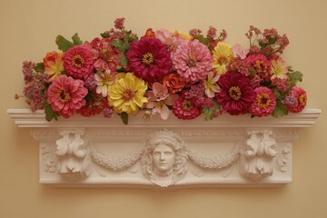 Vibrant floral arrangement decorates ornate architectural shelf mounted on a pale wall