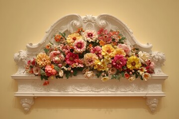 Ornate architectural element features a lavish arrangement of colorful blooms mounted against a pale wall