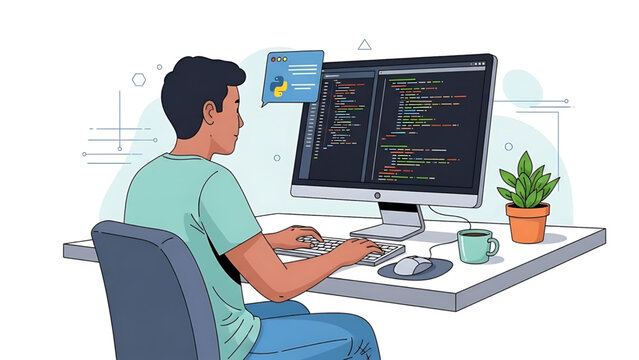 Diligent developer focused on coding software applications at a desk, utilizing programming languages for innovative technology solutions and digital creation