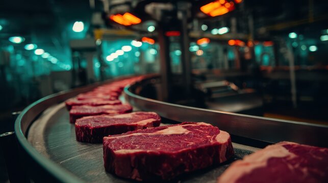 Raw beef steaks moving on a conveyor belt in a modern industrial food processing facility - Powered by Adobe