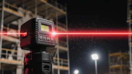 Laser Level Emitting Red Beam on Construction Site at Night.