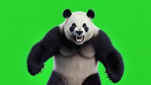Angry Giant Panda Roaring and Charging Forward on Green Screen Background