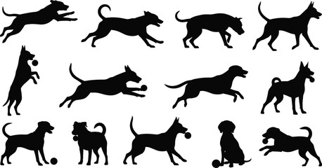 Obraz premium Set of Dog Silhouettes Featuring Various Breeds in Active Poses Like Running, Jumping, Playing with Balls, and Sitting, Isolated Collection