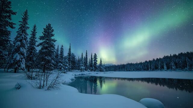 Frozen Lake Aurora Reflection Low angle capturing the aurora's vibrant glow reflected perfectly on a still, icy lake surface. winter aurora glow