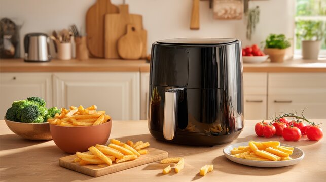 Modern black air fryer on a kitchen counter with crispy french fries, fresh broccoli and cherry tomatoes.