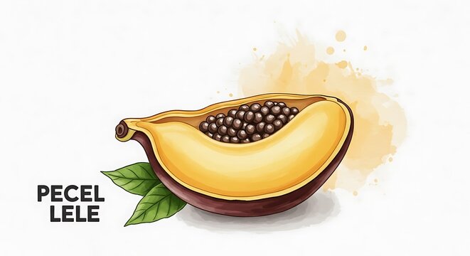 Illustration of a Pecel Lele fruit cut in half showing seeds and leaves.