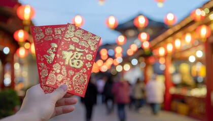Hand holding two traditional red envelopes with golden 'Fu' characters, blurred festive Chinese New Year street background with red lanterns.