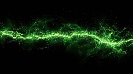 Powerful green lightning bolt with electrical sparks and smoke on a black background