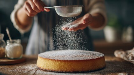 Woman with sieve sprinkling sugar powder on sponge cake in kitchen