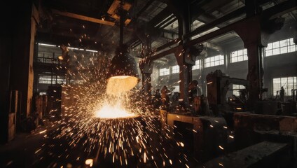 Industrial Foundry Pouring Molten Metal with Sparks in a Factory.