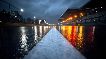 Fototapeta premium Cinematic low angle view of a wet race track at dusk with bright light reflections on asphalt and grandstands in the background
