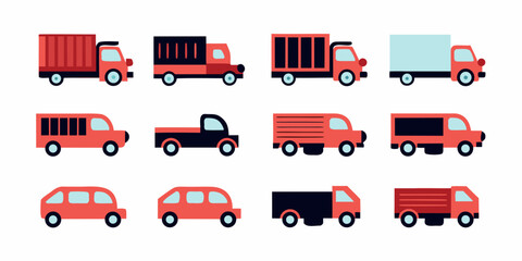 A collection of colorful cartoon trucks and vans in various designs