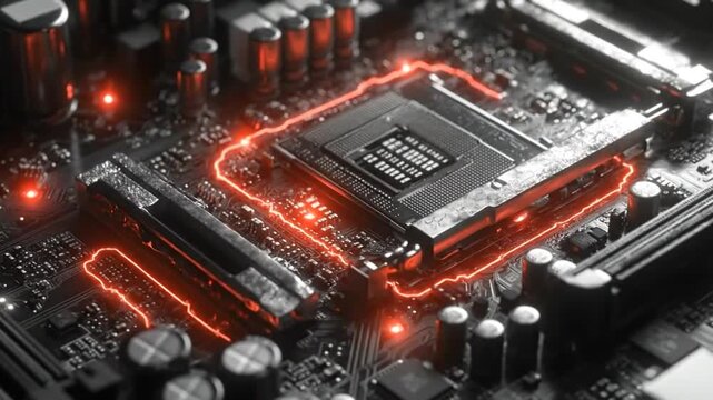 Close-up of a computer motherboard with glowing red lights, symbolizing data flow and processing.