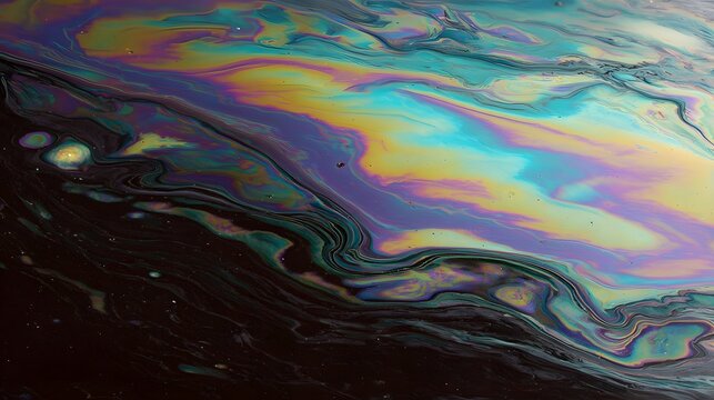 Close up of vibrant iridescent colors swirling on a dark oily liquid surface