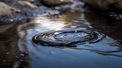 A close up view of dark swirling water creating a vortex effect on the surface with reflections