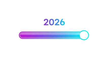 Gradient loading bar showing progress to year 2026 in purple and blue colors on plain white background for technology and future concept development