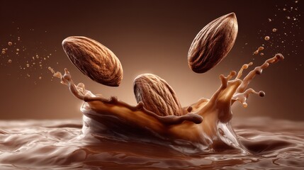 Almonds splashing into a pool of creamy liquid chocolate or cocoa