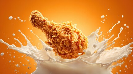 Crispy fried chicken drumstick splashing into white milk or buttermilk on orange background